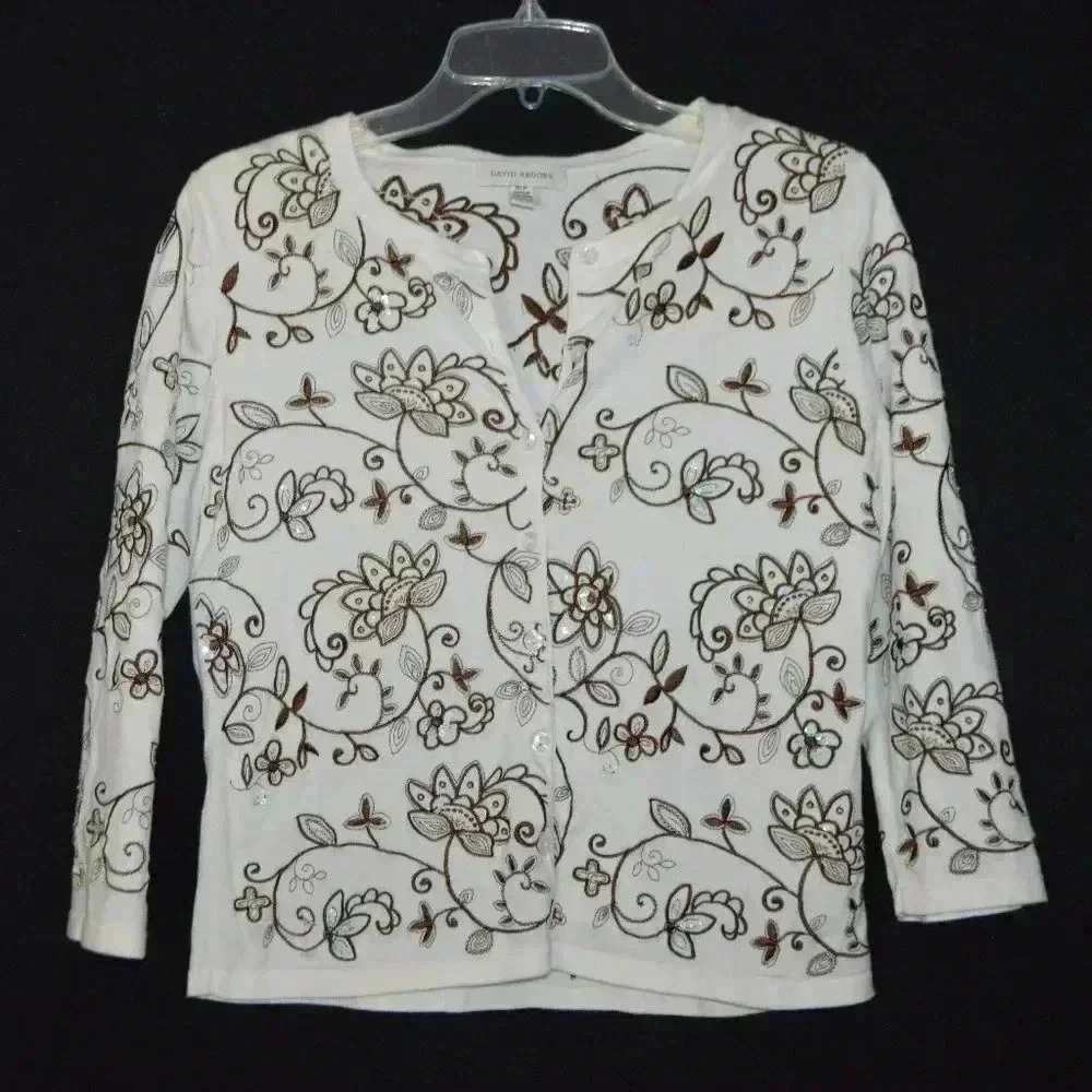 David Brooks White Brown Floral Flower Sequin